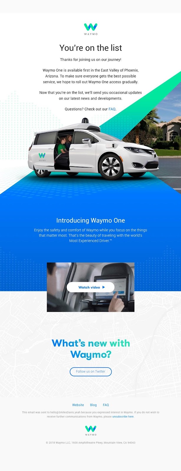 Przykład powitalnego e-maila od Waymo