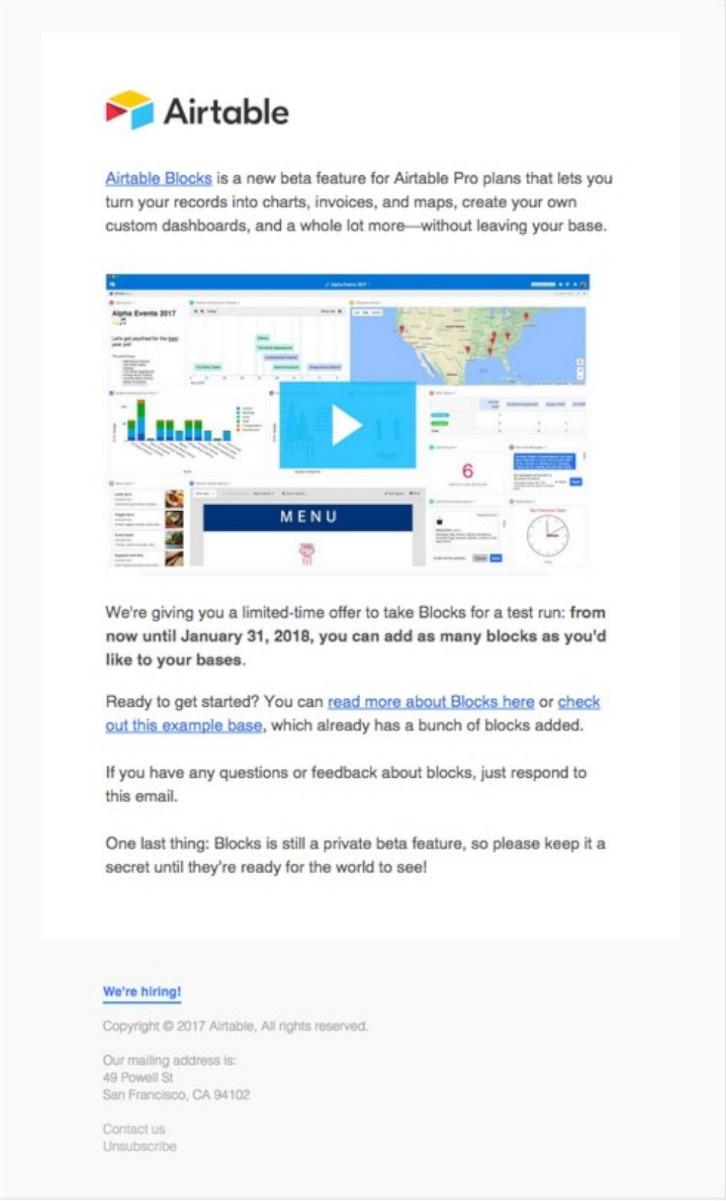 En yeni özelliği vurgulayan Airtable e-posta
