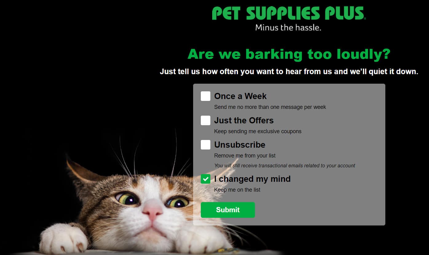 Przykład preferencji e-mail Pet Supplies Plus