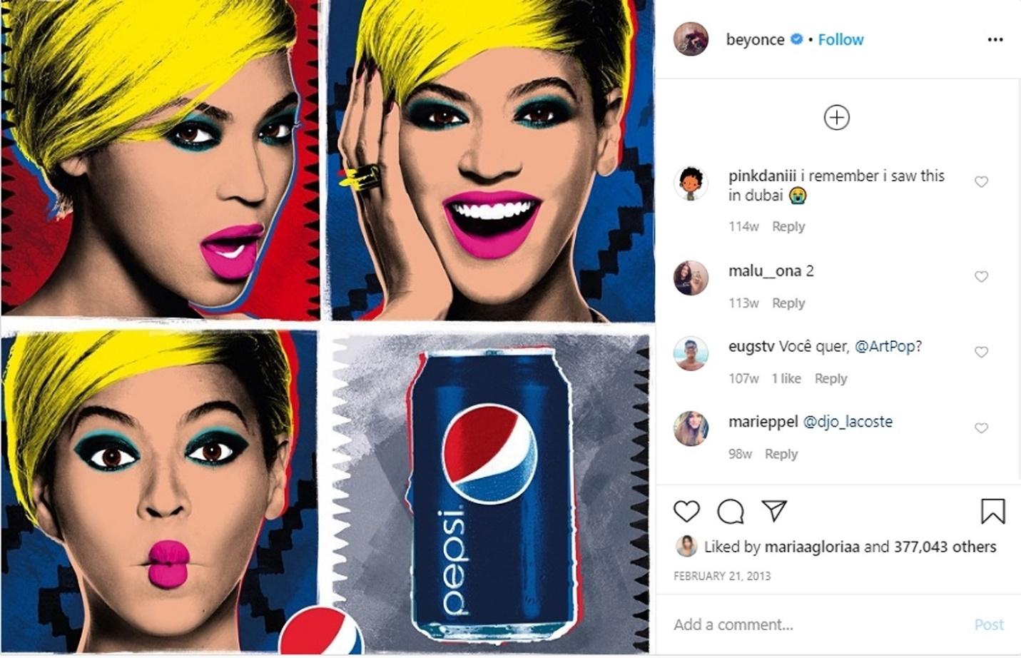 Beyonce influencer instagramowy post dla Pepsi