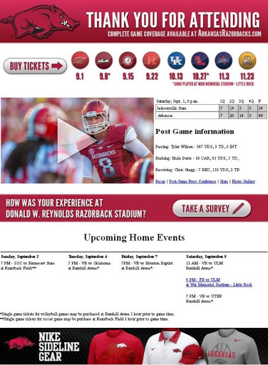 Die Leichtathletikabteilung der University of Arkansas verwendet E-Mail-Segmentierung, um frühere Besucher von Fußballspielen zu kontaktieren und so zukünftige Ticketverkäufe und Fantreue zu steigern.