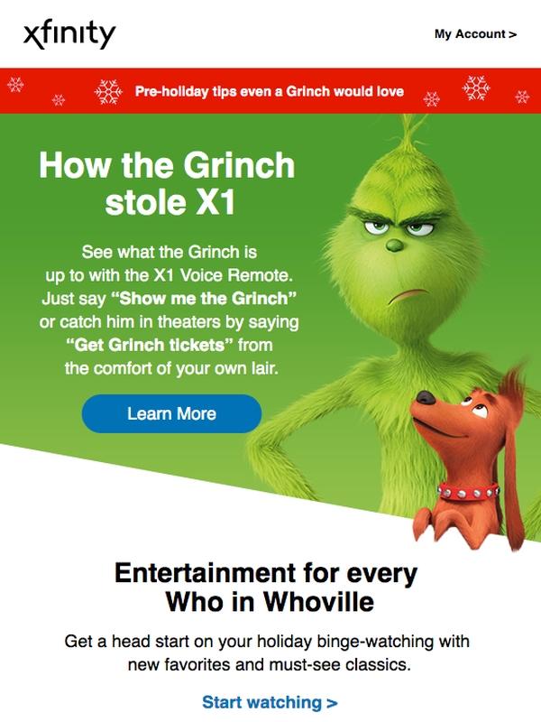 Além dos flocos de neve, a única coisa que nos diz que este é um e-mail com tema de Natal é o Grinch.