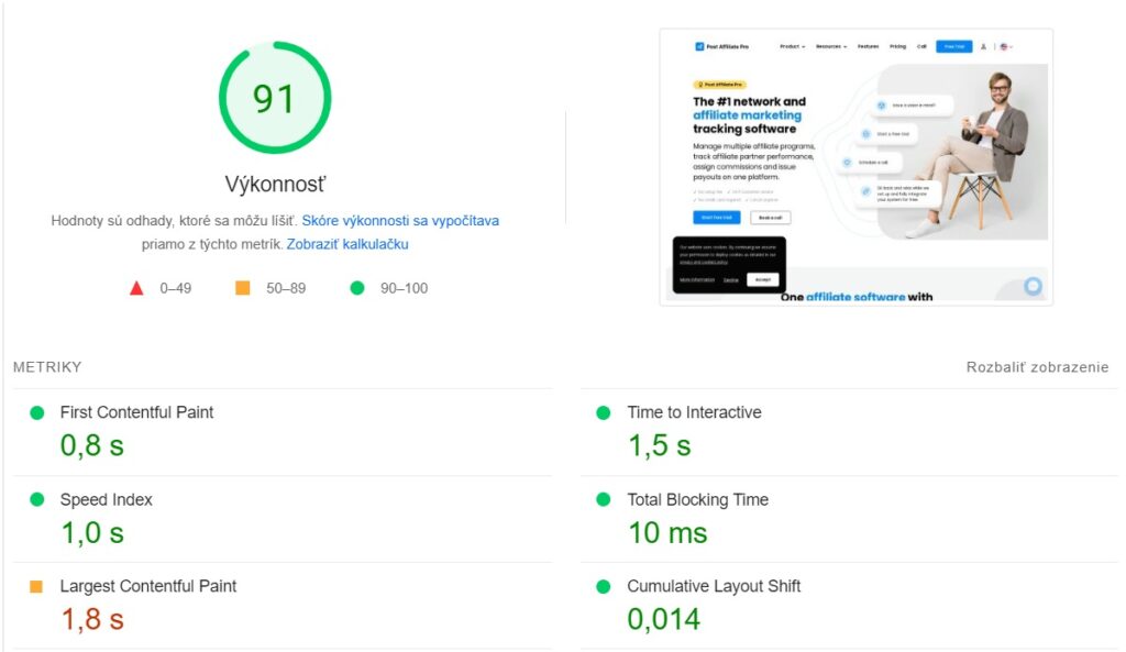 PageSpeed ​​Performance sur le site Post Affiliate Pro