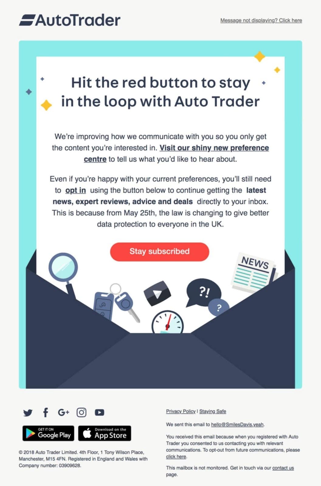 ตัวอย่างอีเมล AutoTrader ที่ถามผู้ใช้ว่าต้องการยกเลิกการสมัครหรือไม่