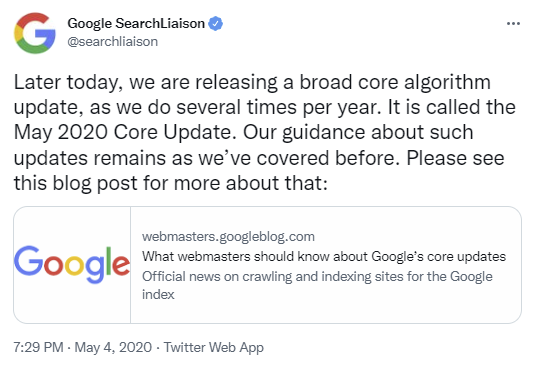 2020년 12월 Google 검색 연락 담당자 트윗의 스크린샷