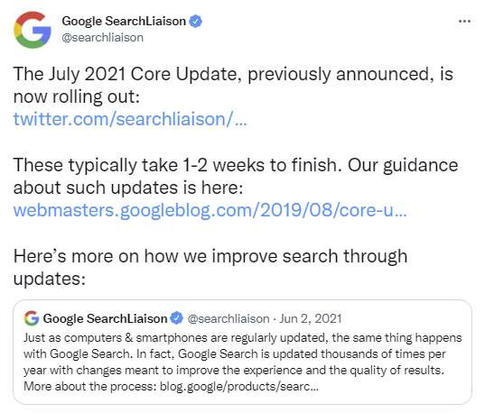 2021년 7월 Google 검색 연락 담당자 트윗의 스크린샷