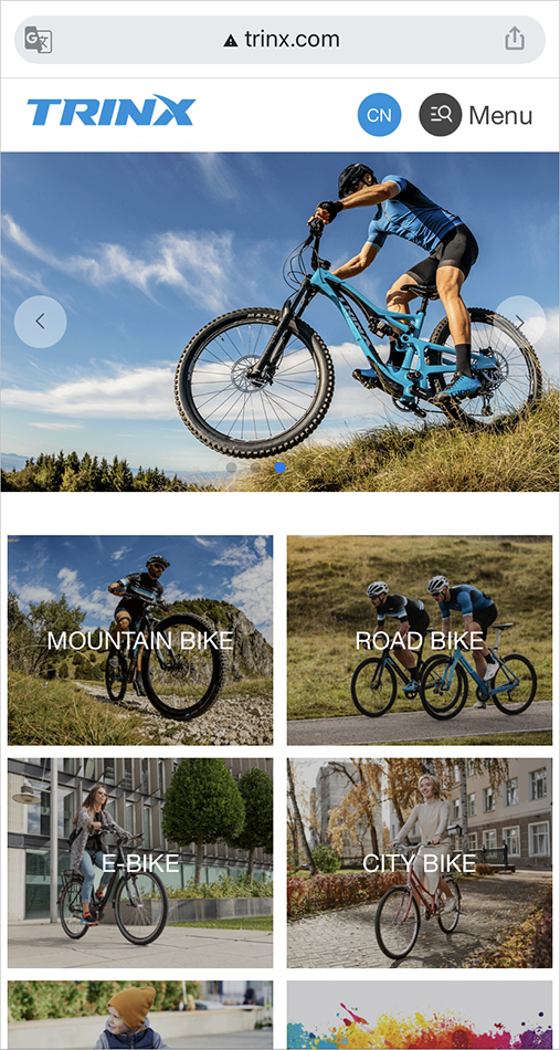 mobile ux best practice example - trinx.com's mobile homepage with visual navigation above the fold