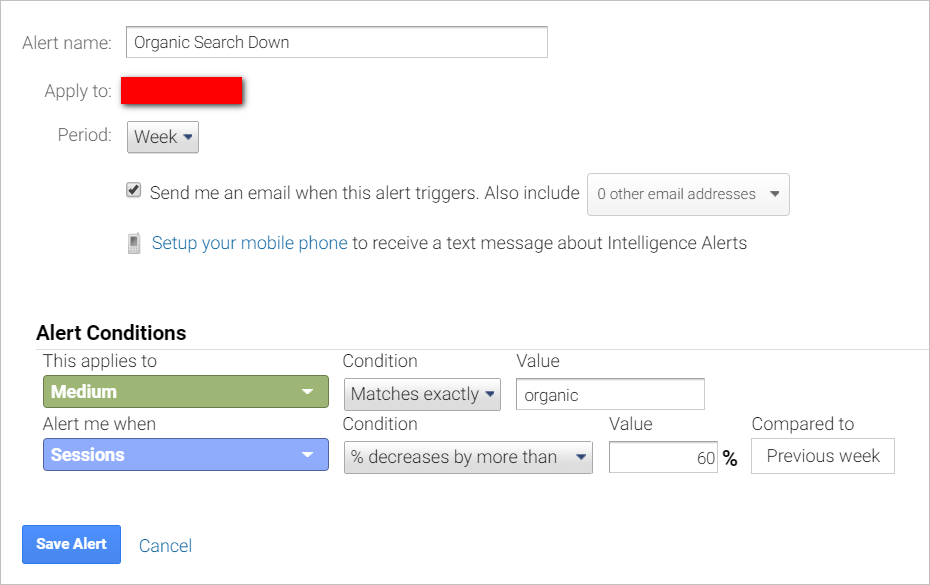 google analytics custom alerts-organic search down-setup