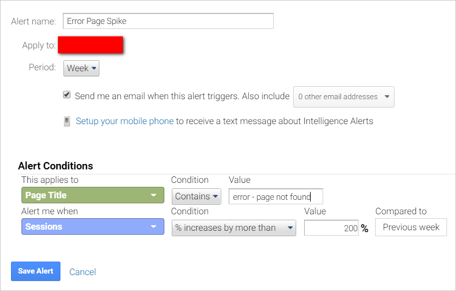 google analytics custom alerts-error page spike-setup-by title