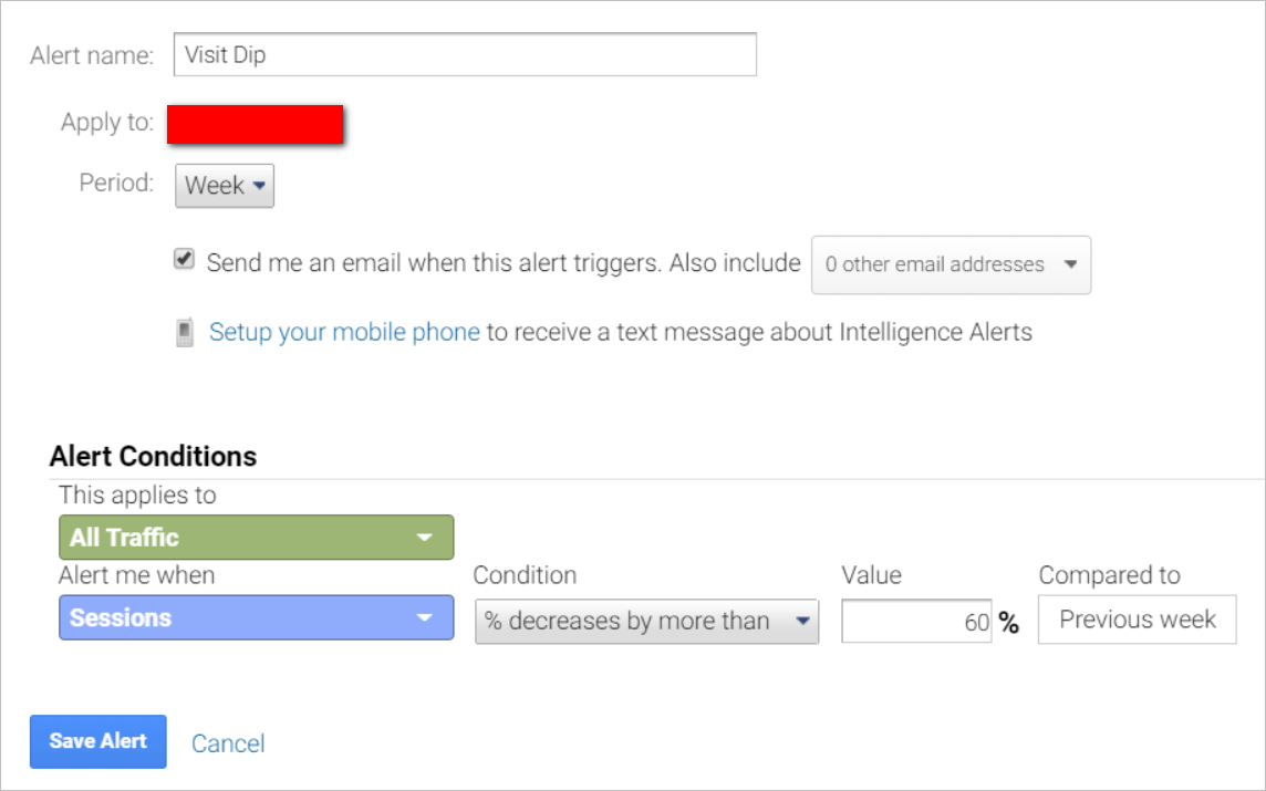 google analytics custom alerts-visit dip-setup