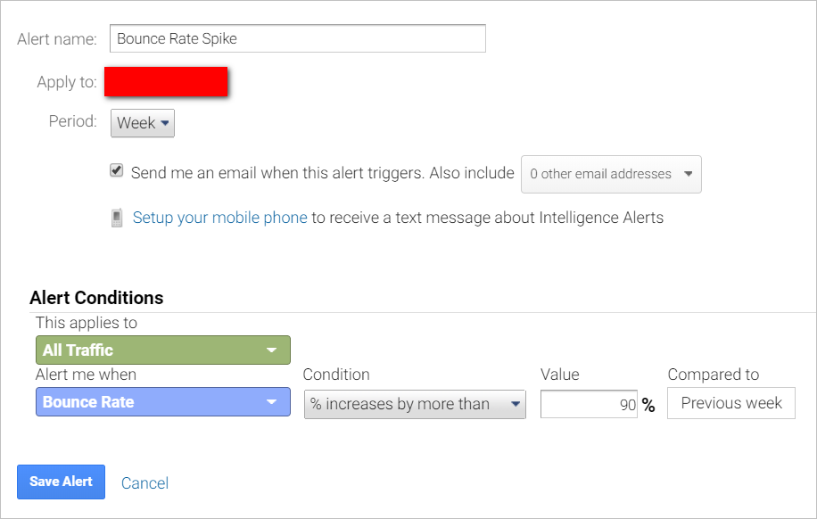 google analytics custom alerts-bounce rate spike-setup