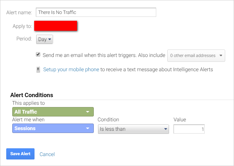 google analytics custom alerts-no traffic-setup