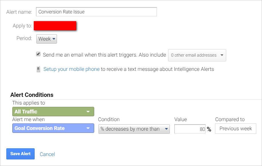 google analytics custom alerts-conversion rate issue-setup