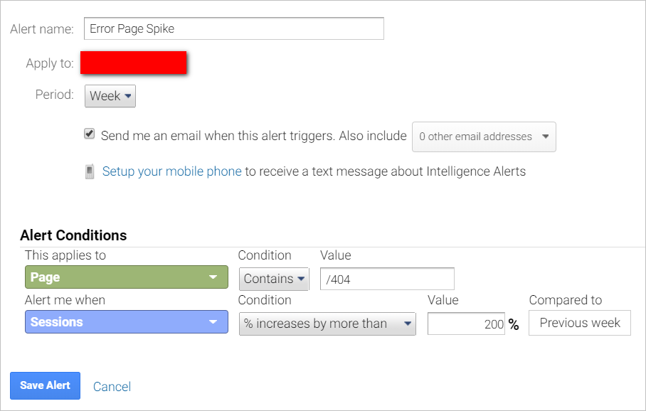 google analytics custom alerts-error page spike-setup-by URL