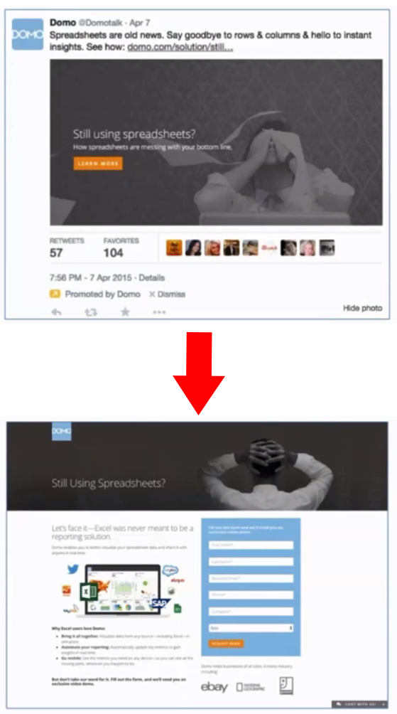 example of matched upstream message and landing page - domo's twitter ad has the same look and feel as the landing page. the images and the headlines are the same