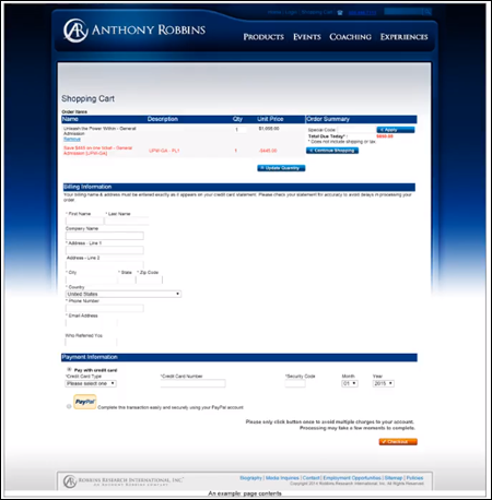 Web de formulário de checkout de Anthony Robbins