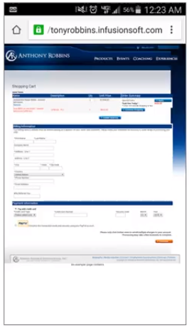 Formulário de pagamento de Anthony Robbins para celular
