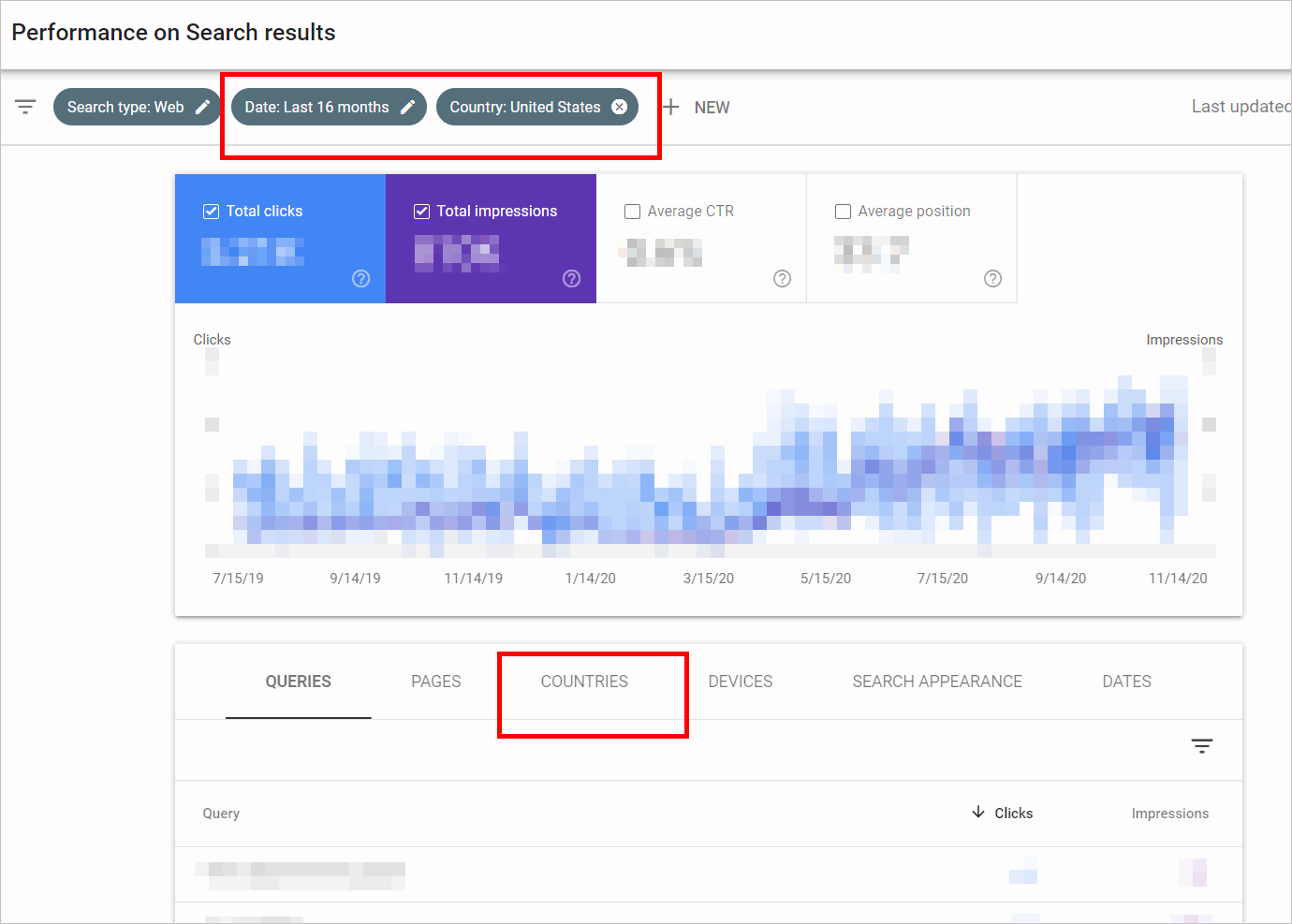 user intent data source - google search console screen that filtering by country and 16 months worth of search data