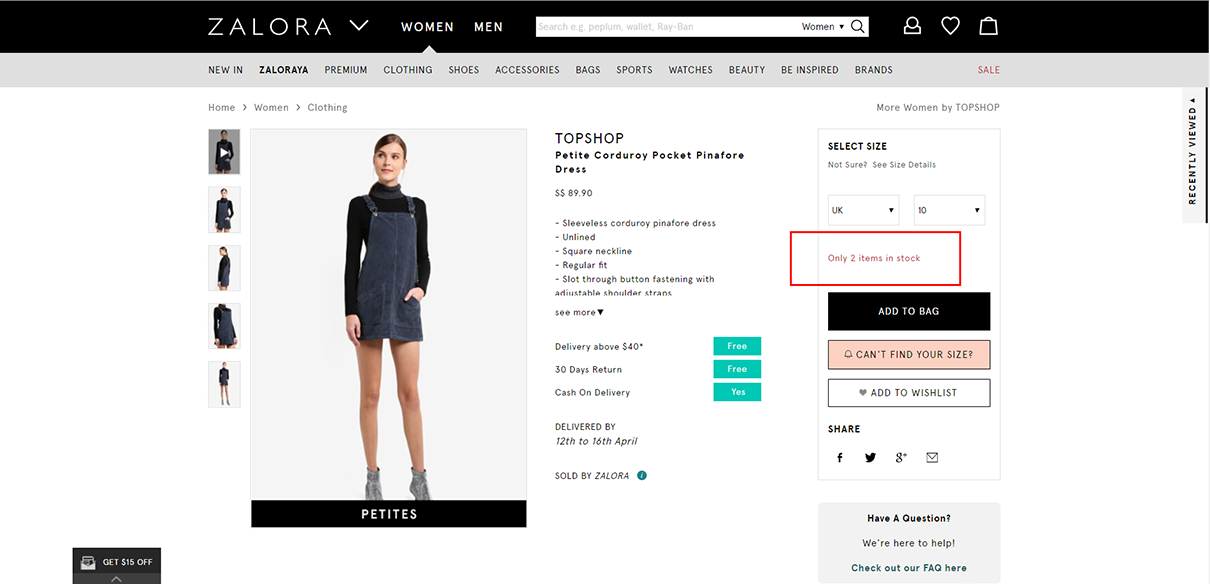 Zalora.sg product detail page items in stock - scarcity principle example -quick fix to improve website conversion rate