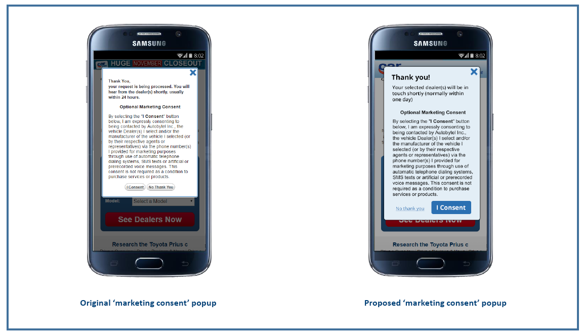 Car.com's original 'thank you' popup on mobile versus the proposed 'marketing consent' popup on mobile