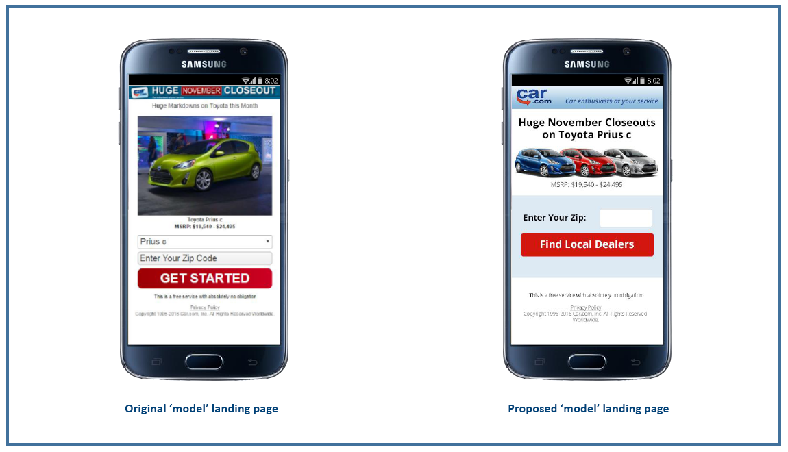 Car.com's original mobile 'model' landing page versus the proposed mobile 'model' landing page