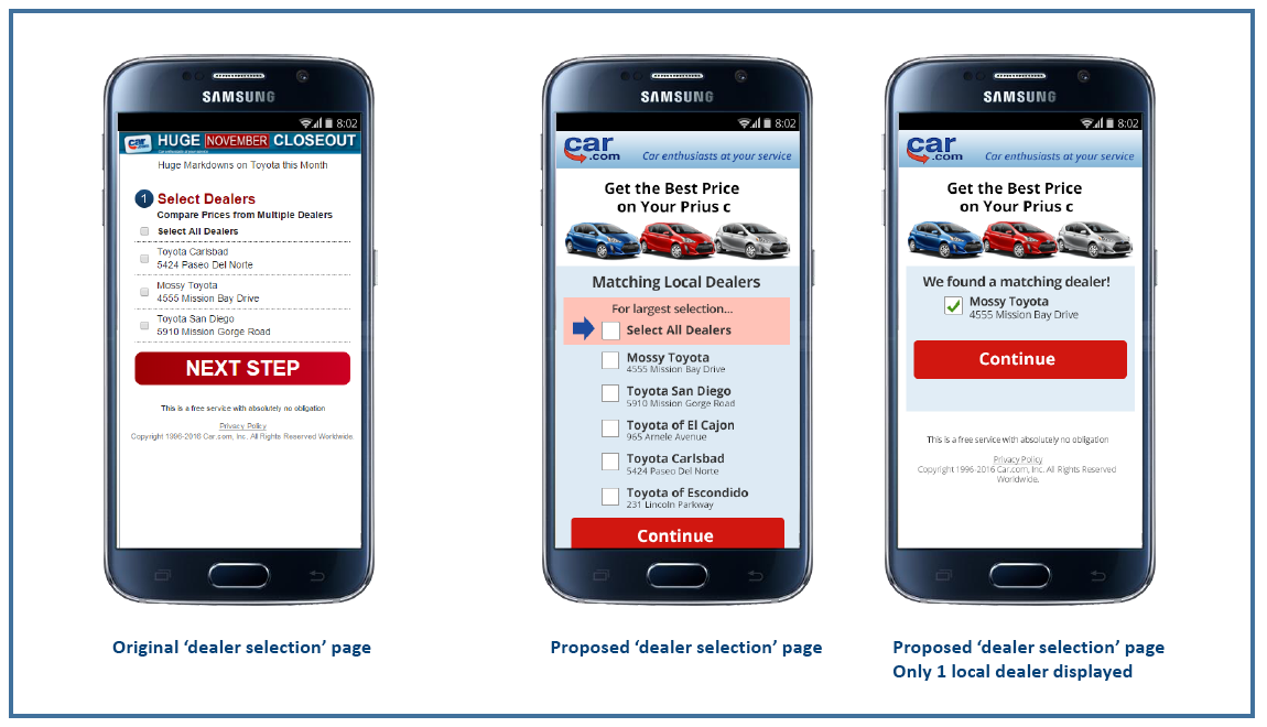 Car.com's original mobile 'dealer selection' page versus the proposed mobile 'dealer selection' page and the proposed 'dealer selection' page with only 1 local dealer displayed 