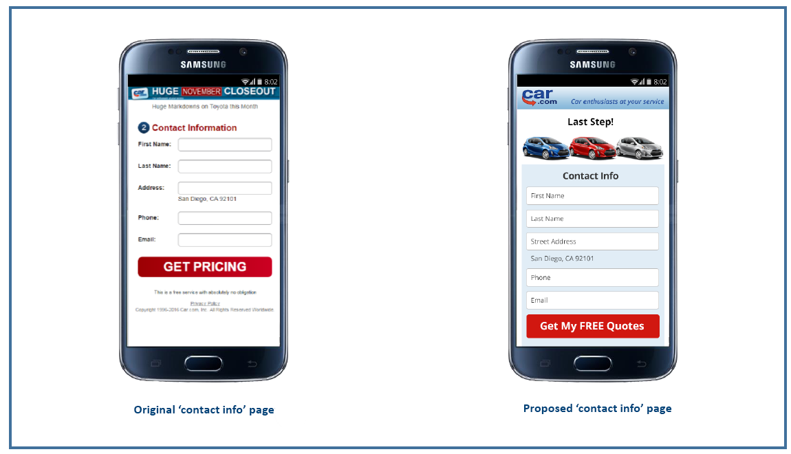 Car.com's original mobile 'contact info' page versus the proposed mobile 'contact' info page