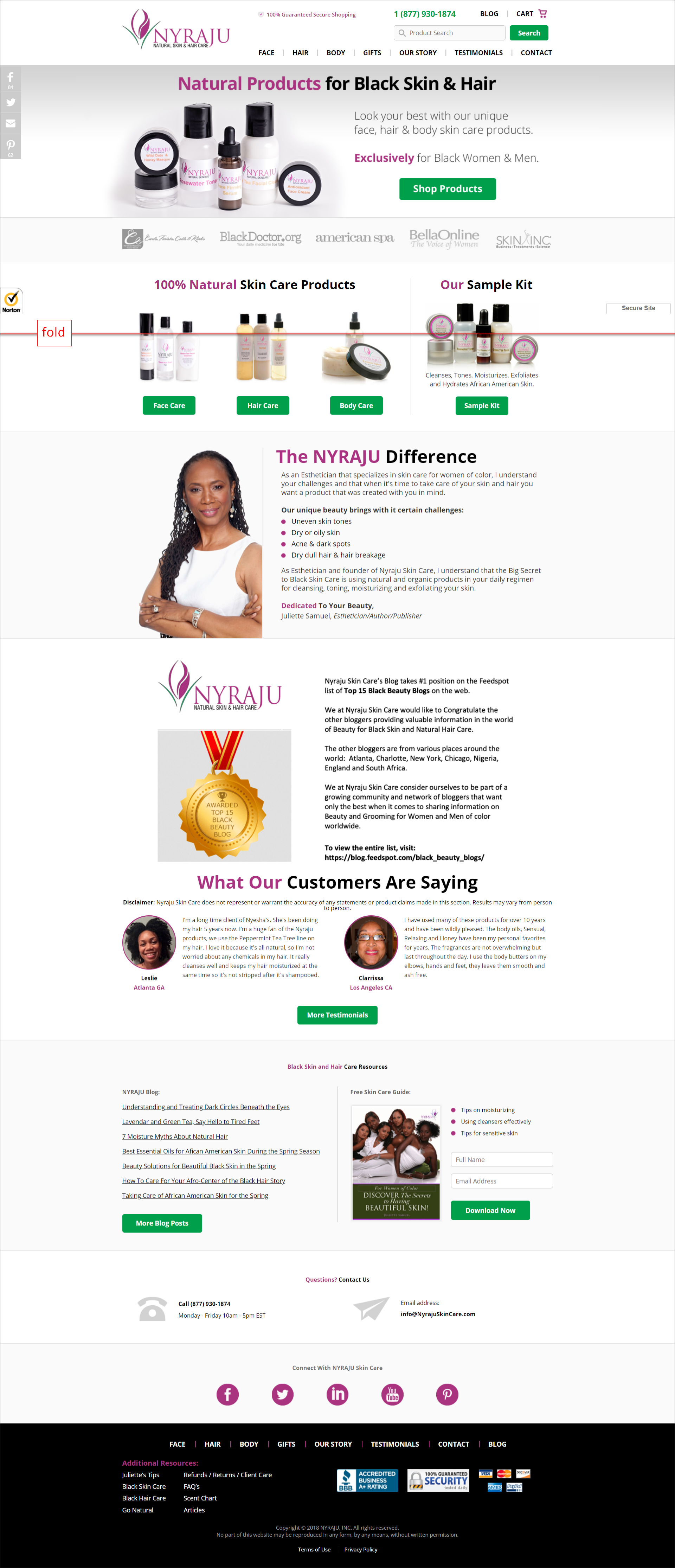 NyrajuSkinCare.com: Example of good homepage design - functional tagline and headline, CTA color that pops, composite images of products to represent product categories