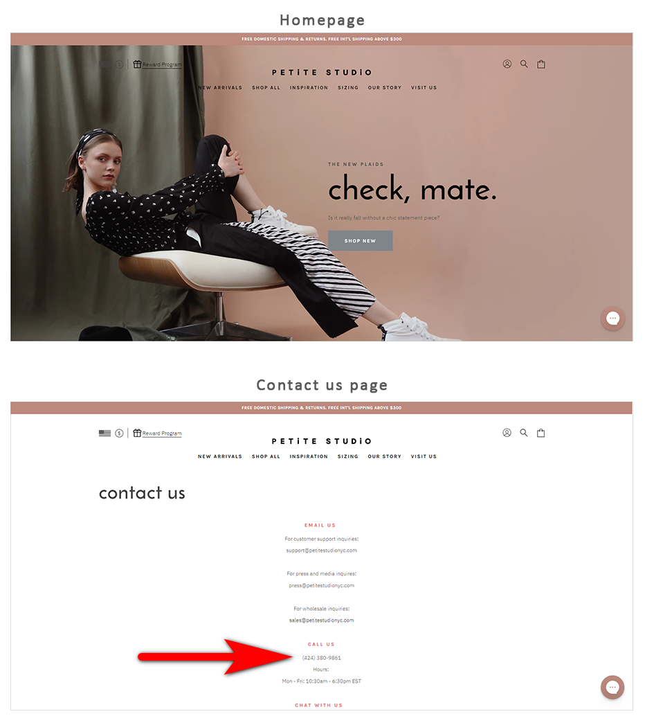  buried phone number example - petite studio nyc homepage above the fold without the phone number, and the contact us page with the phone number and hours of availability