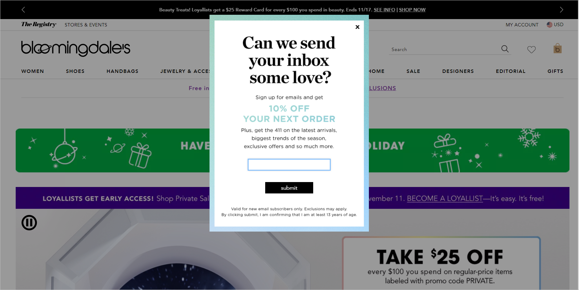 bloomindales.com entry popup offering website visitors 10% off on their next order if they they sign up for emails