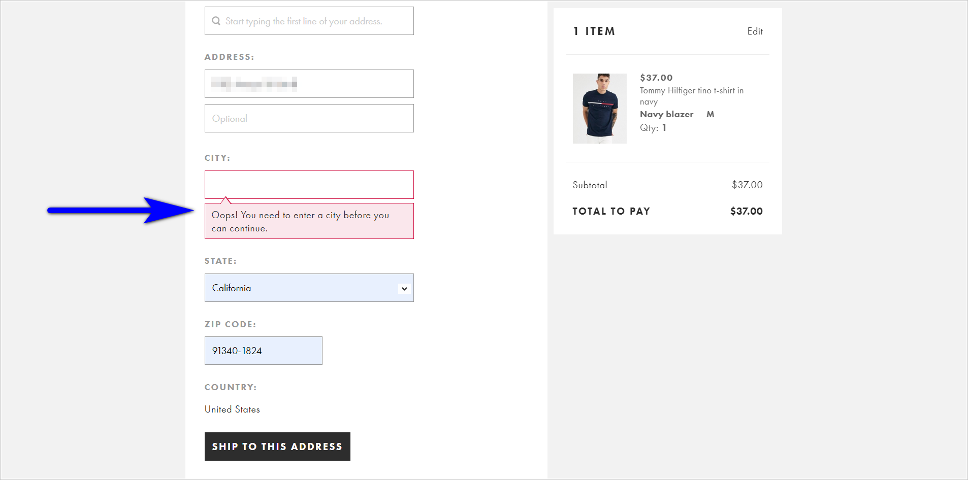 ecommerce checkout best practices - friendly missed field message example - a portion of asos.com's checkout page with the empty city field highlighted in a red box with an "oops! you need to enter a city before you can continue" error message