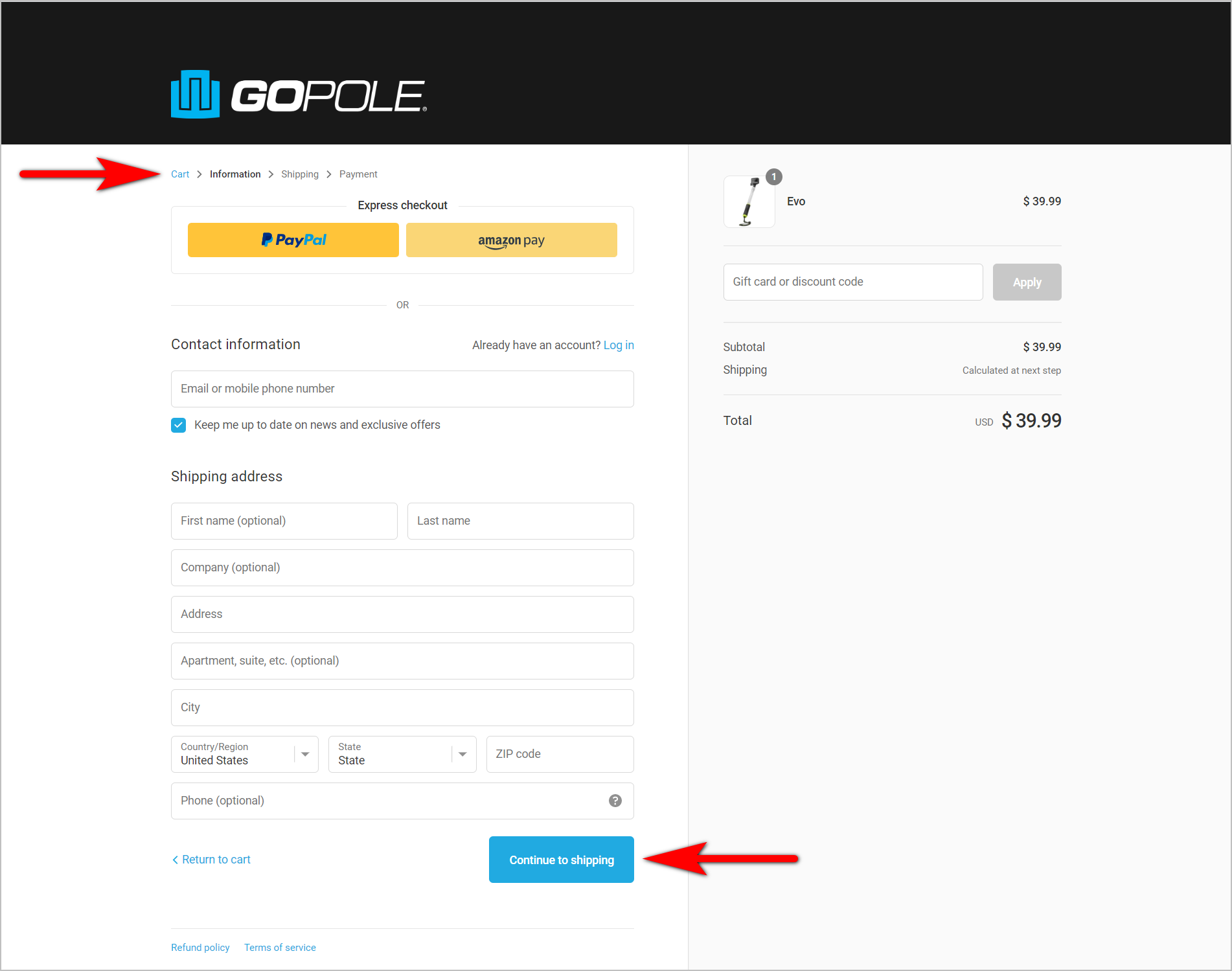 ecommerce checkout best practices - setting user expectations example - gopole.com's checkout page with the checkout steps laid out in small text at the top and a "continue to shipping" cta button at the bottom of the page