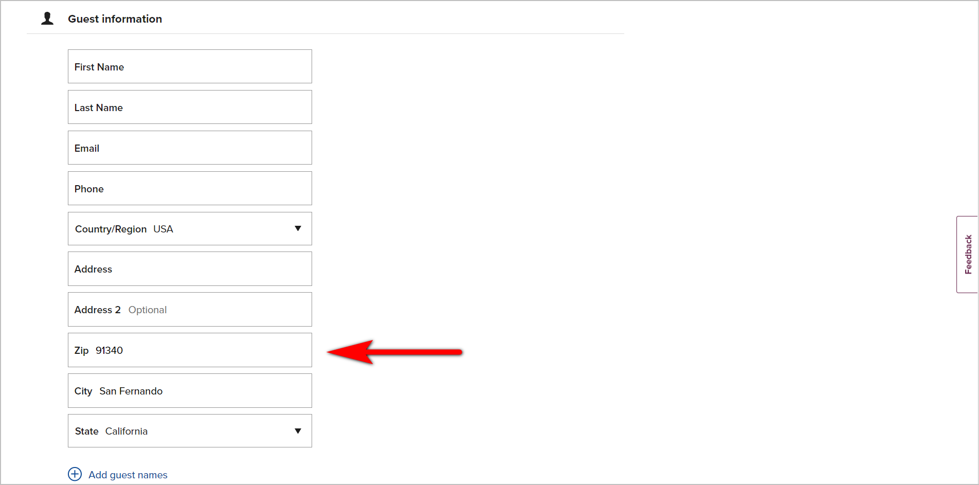 ecommerce checkout best practices- pre-populating form fields example -the guest information section of hilton.com's checkout page. towards the bottom of the section, the form asks for the zip code, city, and state. the city and state are automatically filled in after the user types in a zip code 