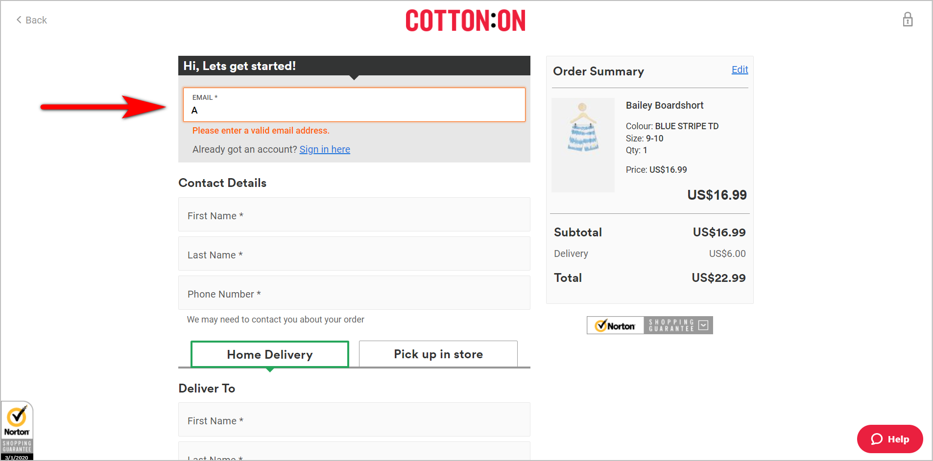 using form validation example - the top part of cotton.com's checkout page which asks for the user's e-mail address first. the e-mail address box has been filled in with an invalid e-mail address. the box has turned orange and tells the user "please enter a valid email address" 