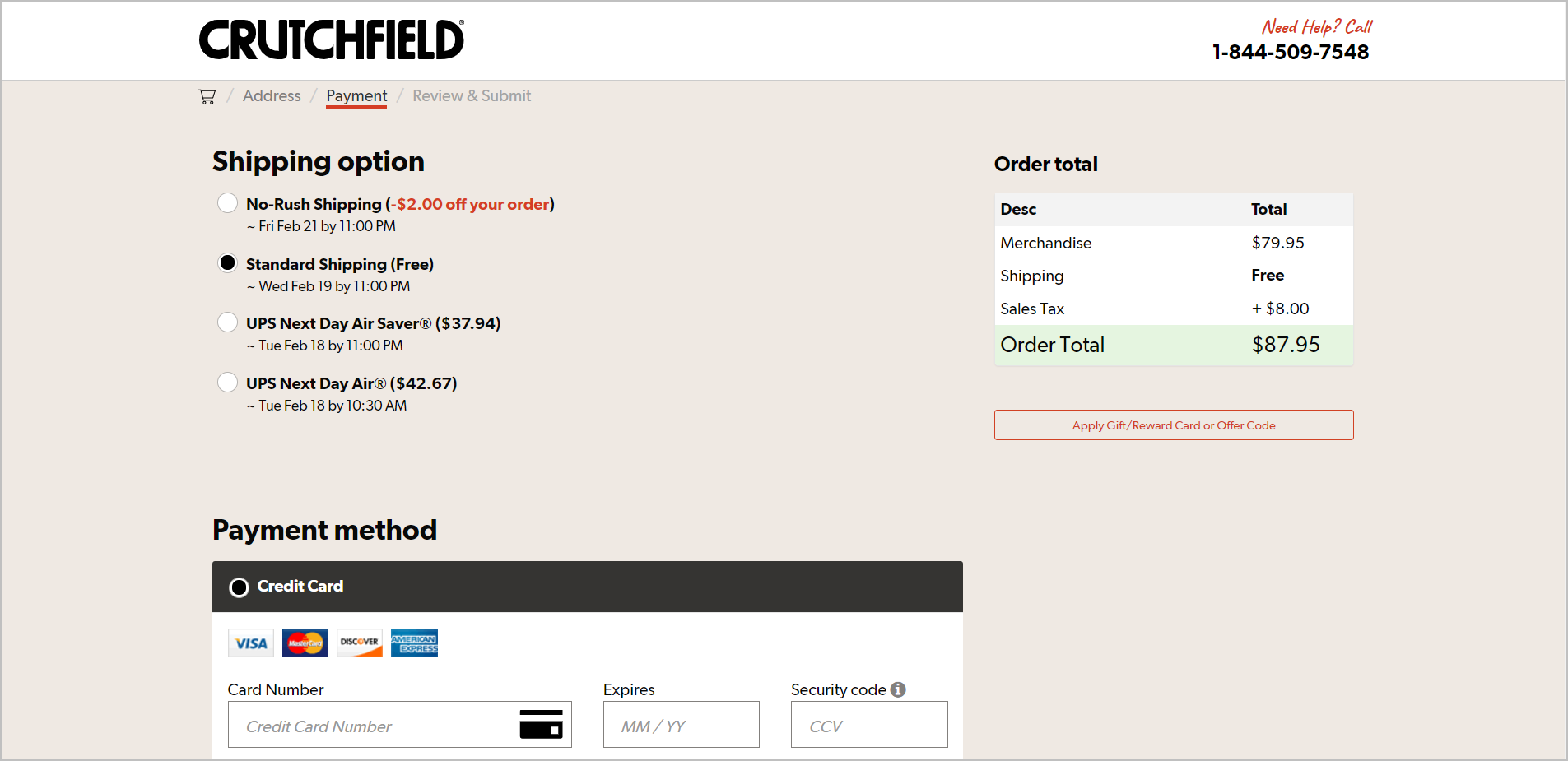 failure to leverage the customer's excitement in checkout example - crutchfield.com's payment page with the shipping options and payment methods listed on the left and the order total on the right side. the order total section shows the total for "merchandise" but does not show the product name nor the image