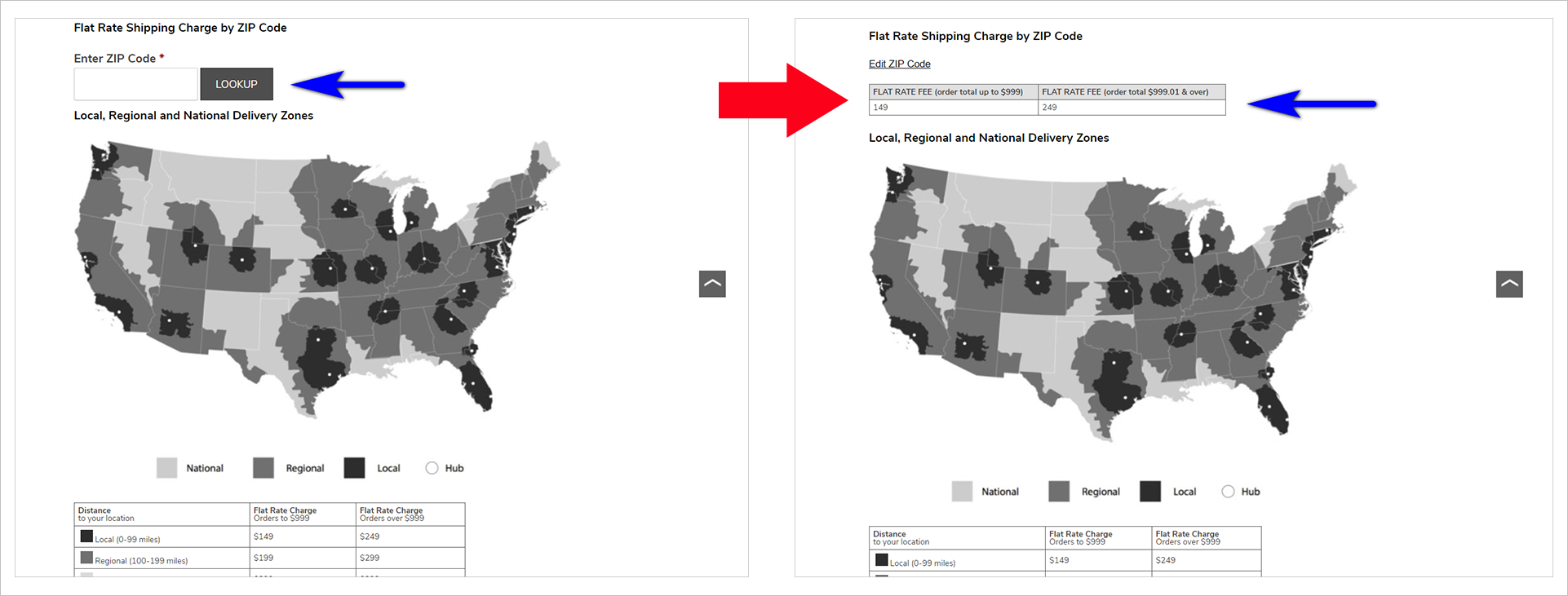 side by side images of a portion of potterybarn.com's "shipping information" page. the image on the left shows the "flat rate shipping charge by zip code" section prompting the user to "enter zip code" with an empty box and a "lookup" cta button. the image on the right shows the same section displaying the result of the lookup. it includes a table showing the flat rate fee for orders total up to $999 and orders total $999.01 & over