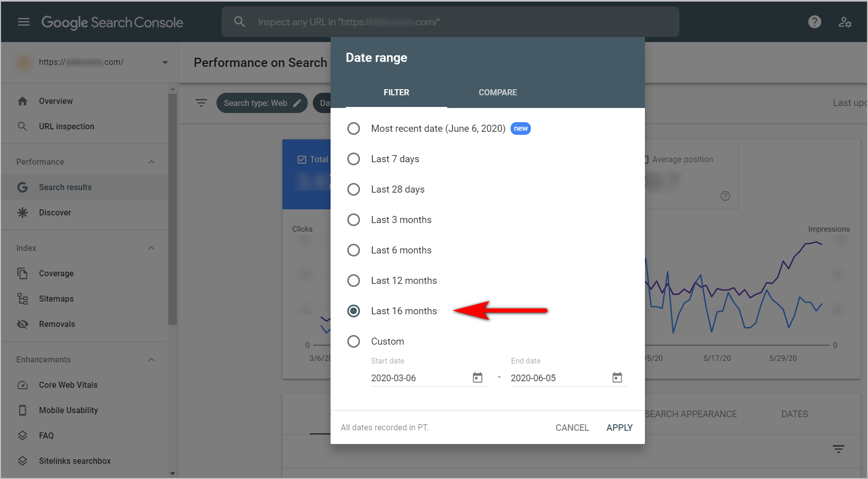 the performance on search results page with the date range modal open. the user has the option to filter the results to the most recent date, last 7 days, last 28 days, last 3 months, last 6 months, last 12 months, last 16 months, or set a custom start and end date