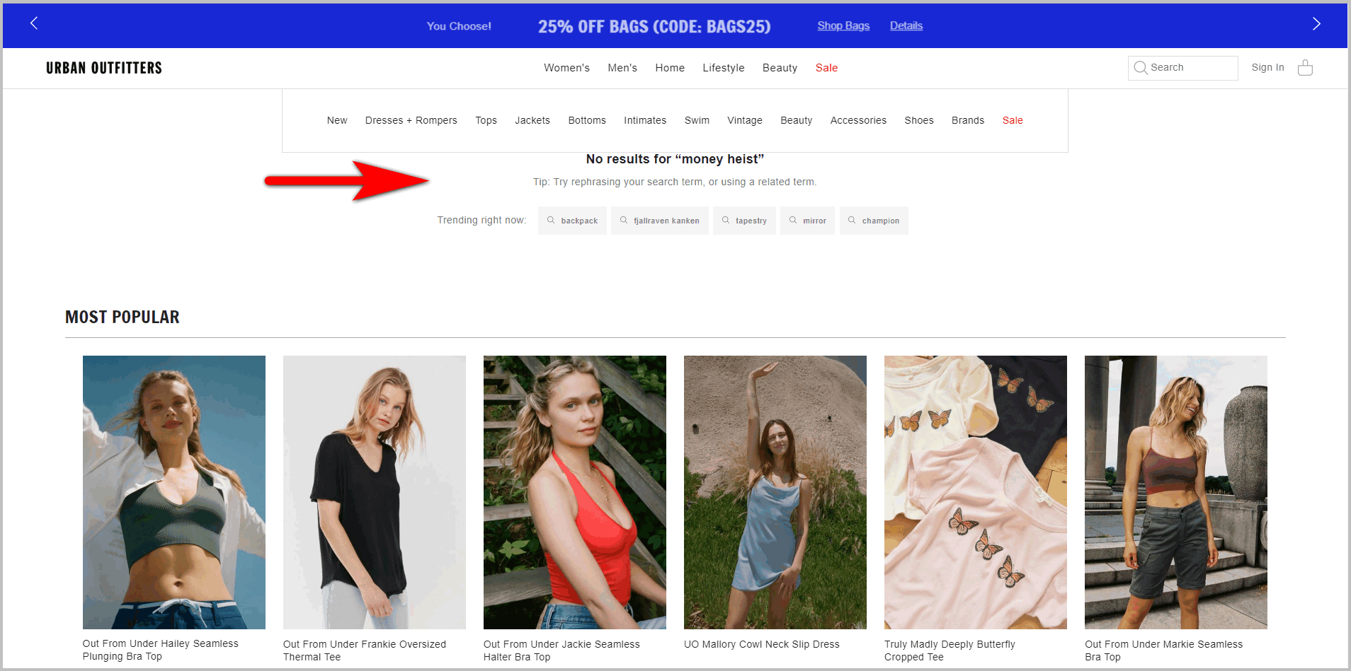 helping users recover from "no search results found" example- urbanoutfitter.com's "no results" page" with message "tip: try rephrasing your search term, or using a related term". below is row of trending terms that are clickable, plus images of the most popular products