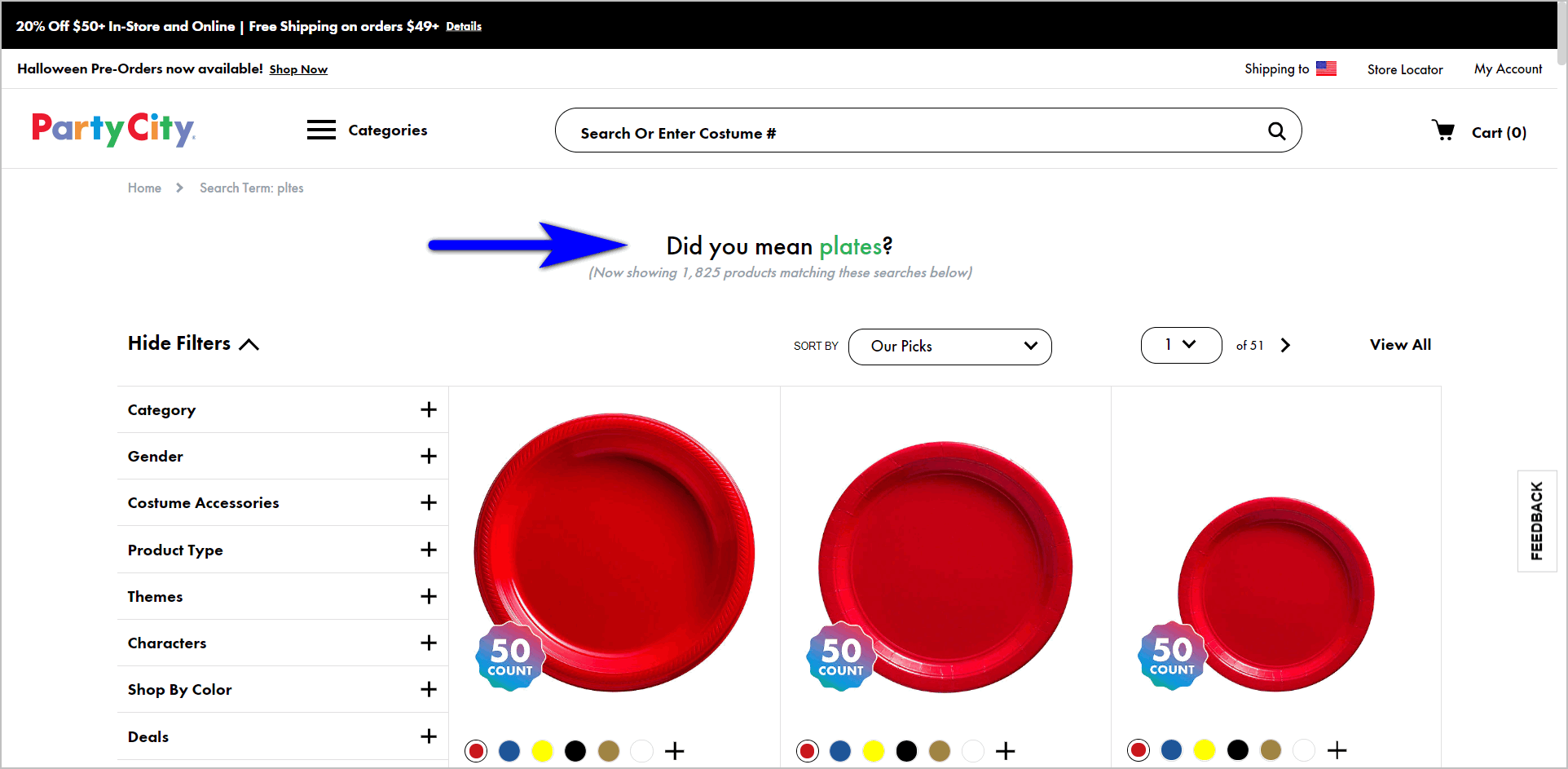 holiday e-commerce recommendations: fixing misspelled on-site search terms example- partycity.com search results page with "did you mean plates?" plus results showing plates