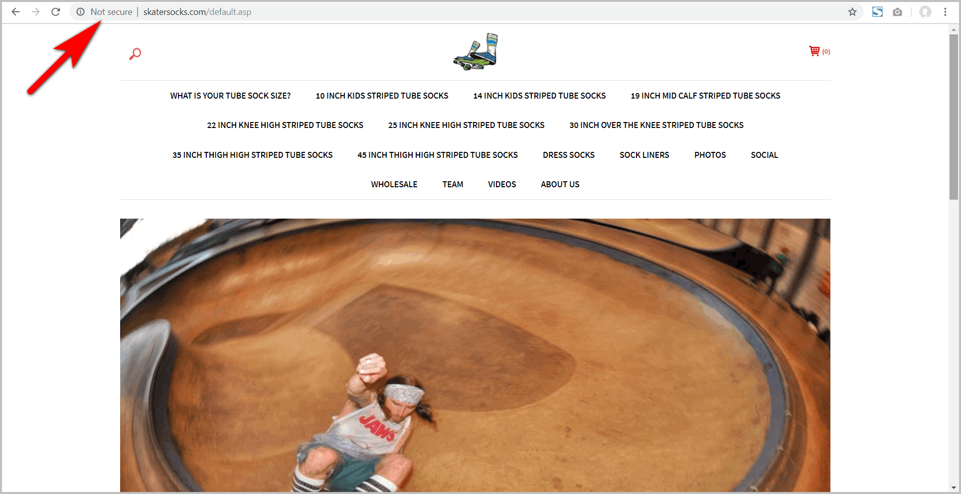 converting the site to https example - skatersocks.com's homepage with a "not secure" warning in the address bar