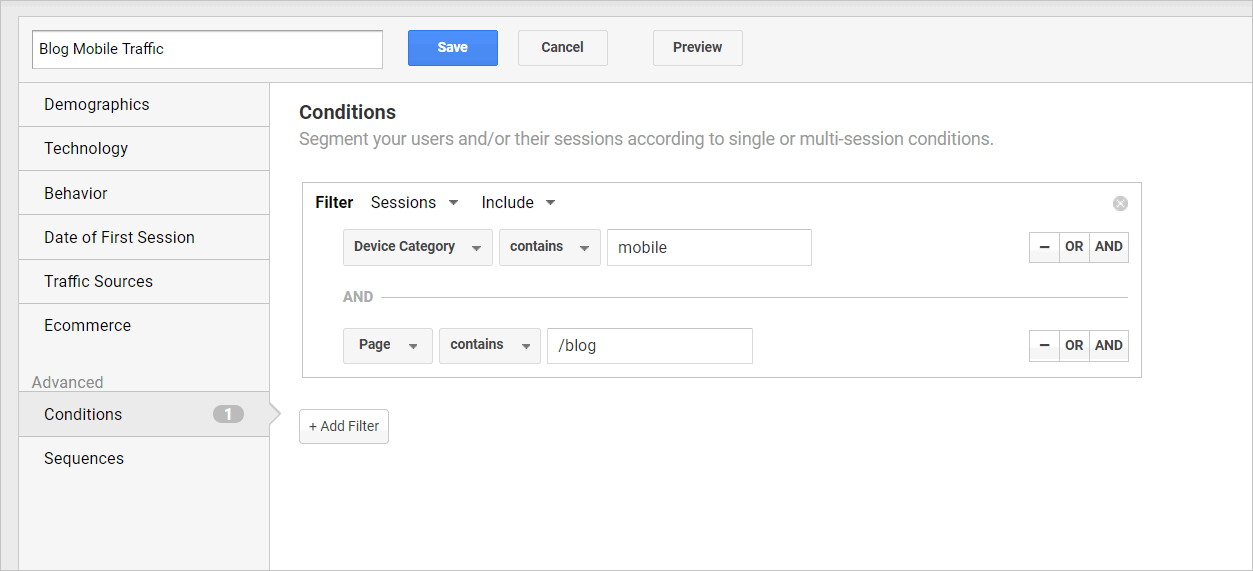 google analytics features - google analytics screen for creating an advanced segment. the example limits data to just mobile visits to the blog