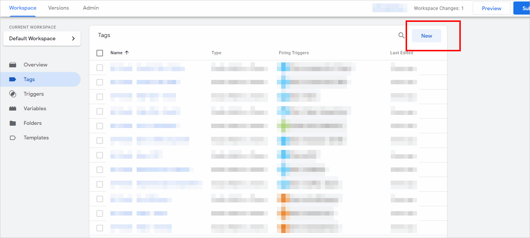 track pdf downloads google tag manager- google tag manager workspace with tags selected