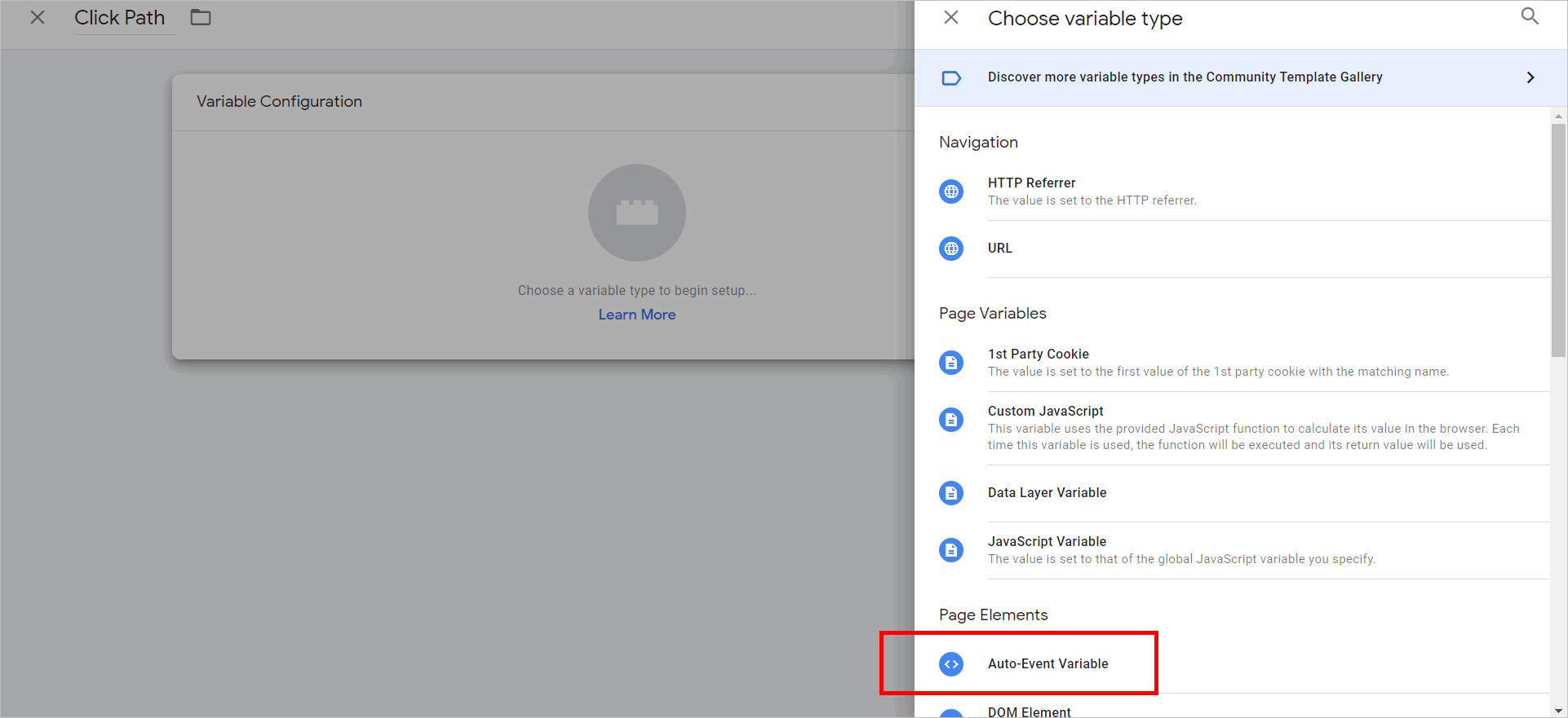 user-defined variable configuration screen. choose variable type panel is active and auto-event variable is highlighted under page elements