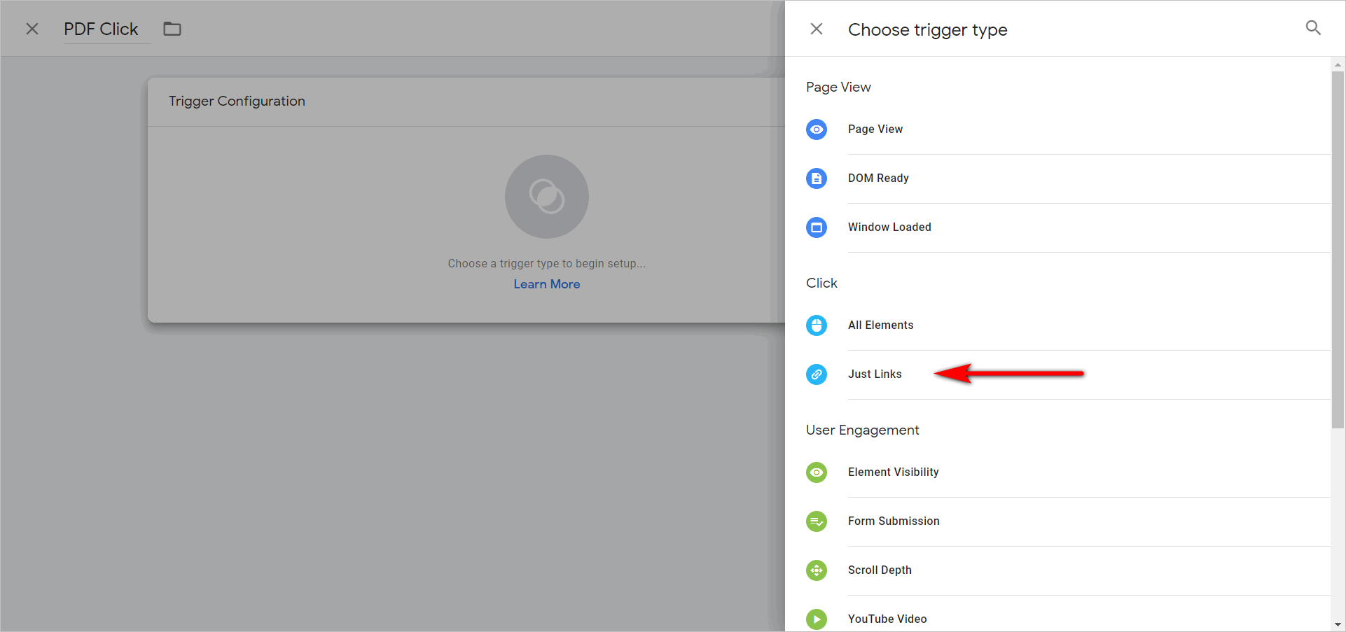  trigger configuration screen with choose trigger type panel. just links under click is highlighted 