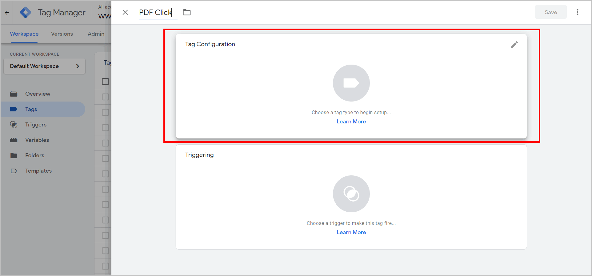 google tag manager - tag configuration screen labeled as pdf click