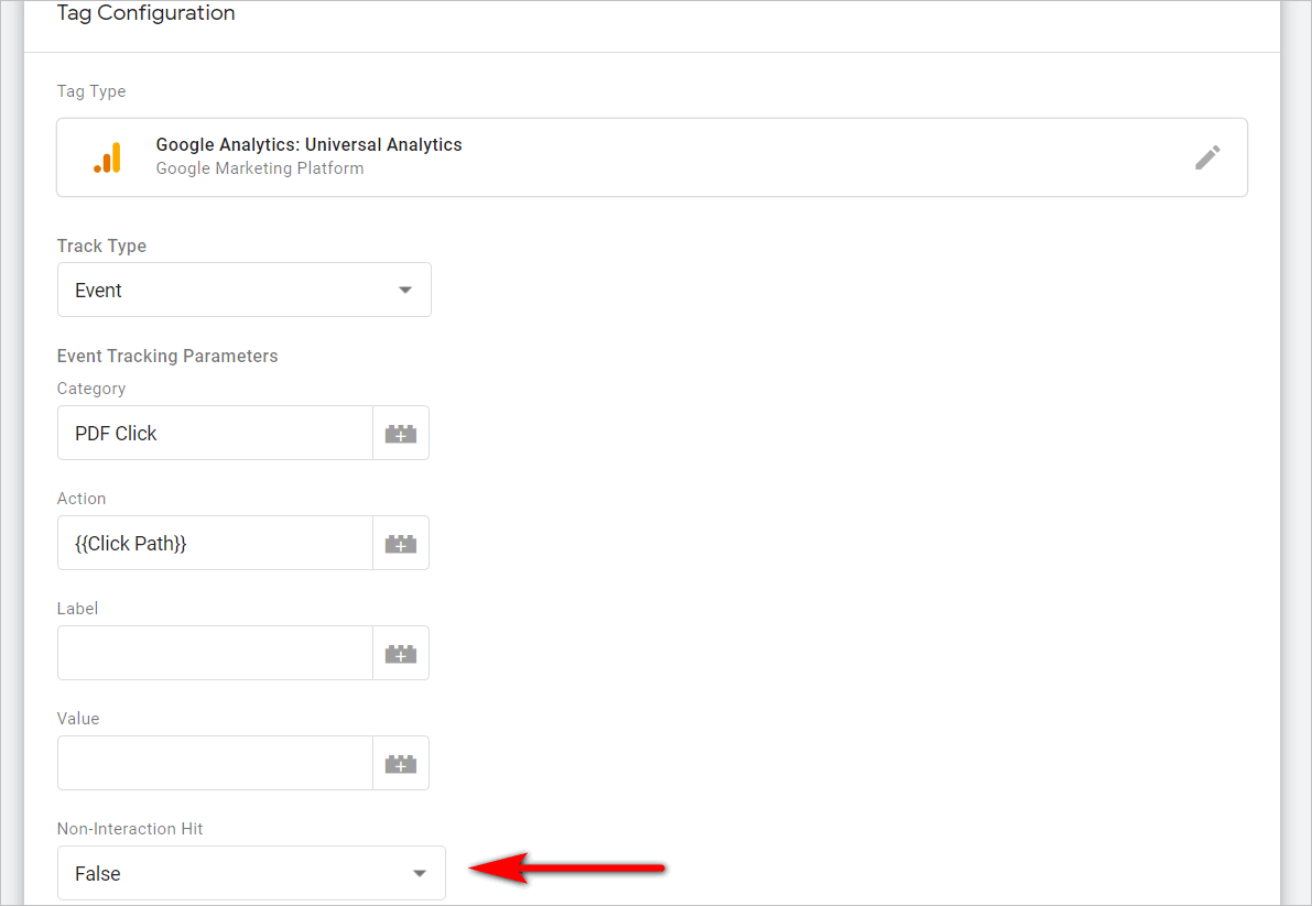 tag configuration screen with google analytics: universal analytics selected as the tag type. track type is set to "event", category is set to "pdf click", action is set to {{click path}}, and non-interaction hit is set to "false"