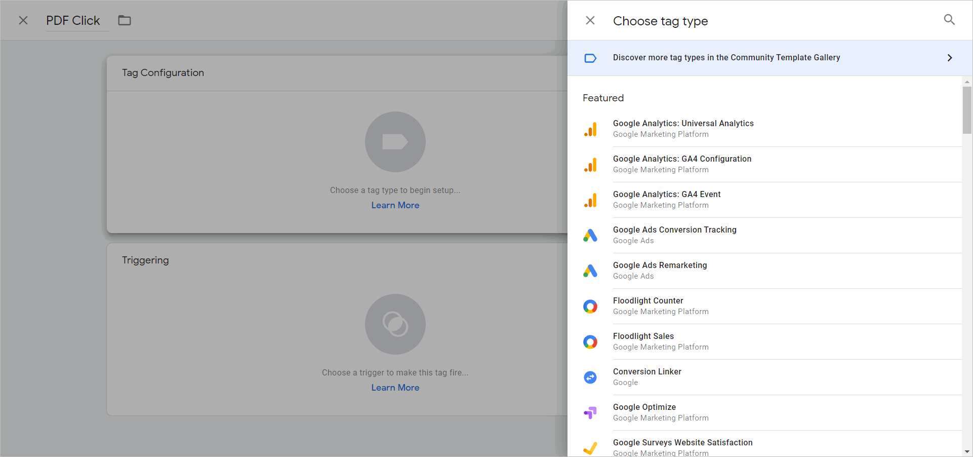 track pdf downloads google tag manager- tag configuration with the "choose tag type" panel displayed