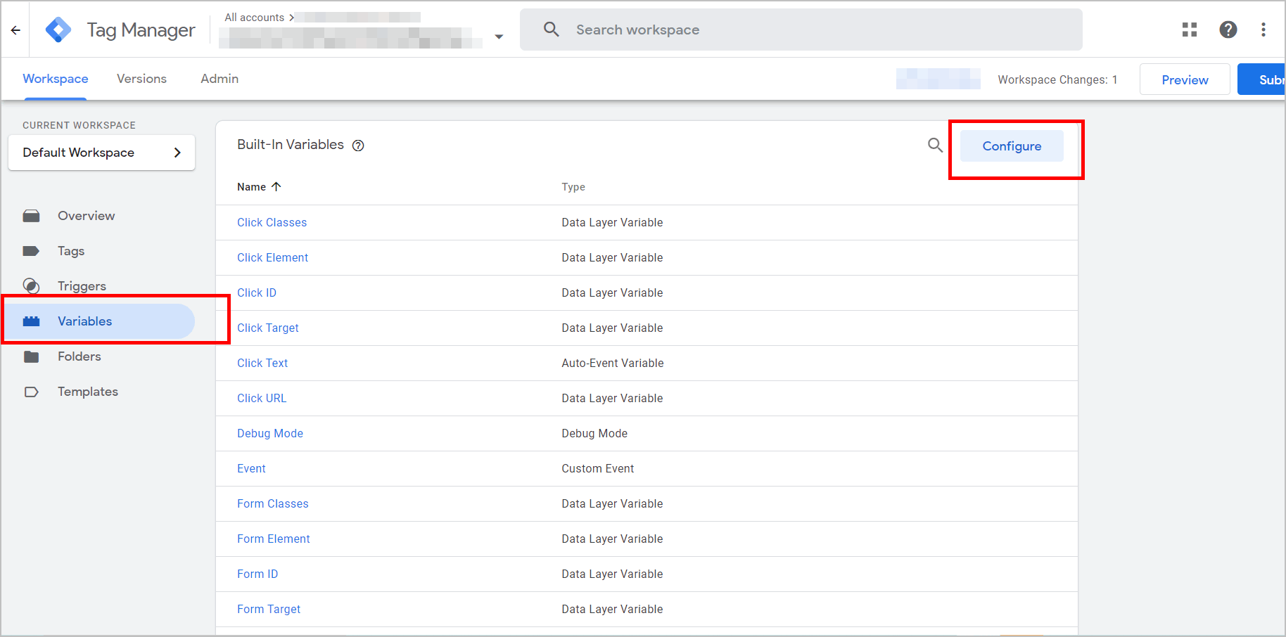 track pdf downloads google tag manager- google tag manager workspace with the variables screen displayed. screen has a configure button