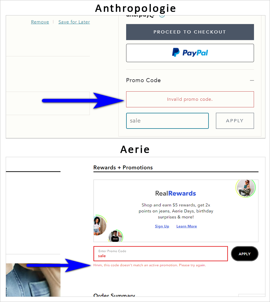 example of transactional and friendly error messages - anthropologie.com's promo code box error …