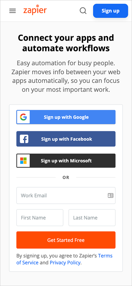 zapier.com's mobile homepage with options to sign up using third-party logins